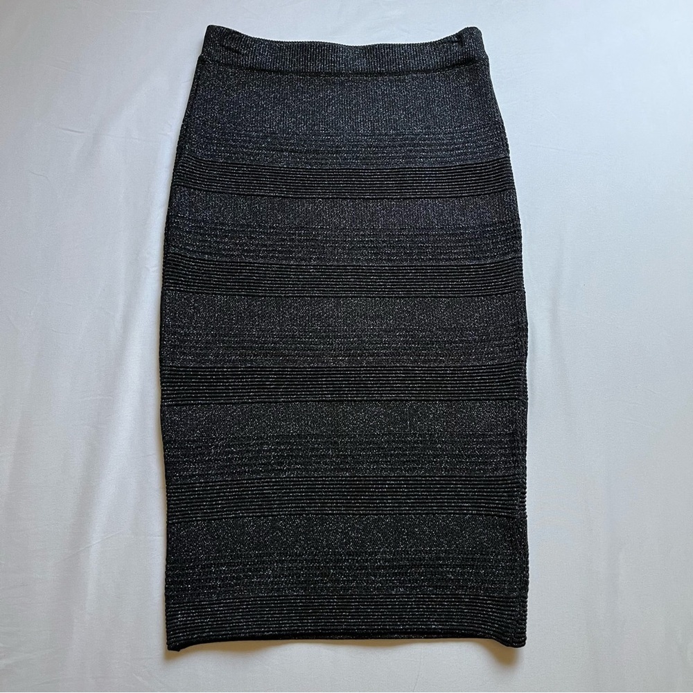 RONNY KOBO black metallic glitter bodycon knit midi skirt